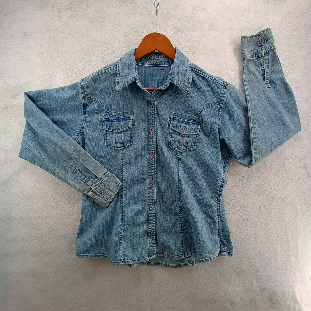Riders by Lee Denim Shirt Womens M Blue Long Sleeve Button Front Western Top